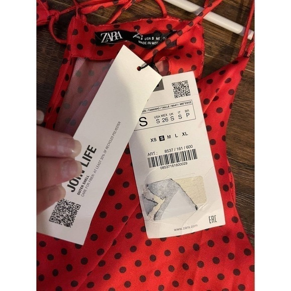 ZARA RED BLACK SPOTTED POLKA DOT SATIN TIE BACK SKATER A LINE TEA DRESS SIZE S - Picture 8 of 11